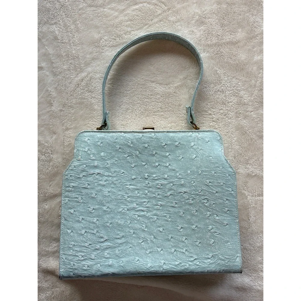 Blue Vintage Ostrich Embossed Frame Handbag Womens Medium Good